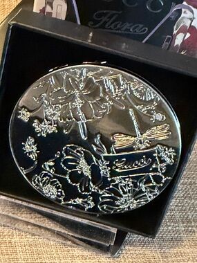 Gucci Black and Silver Floral Embossed Compact Mirror